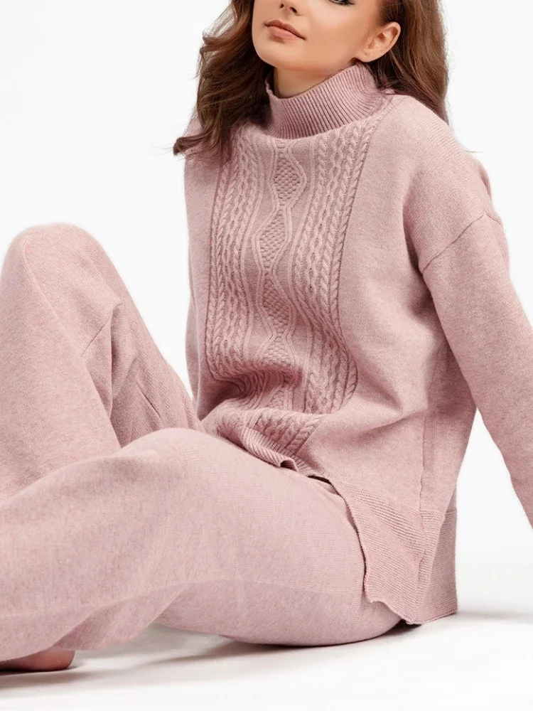 Ensemble 2 pièces pull en maille élégant à col montant et pantalon pour femme, automne-hiver, pulls à manches longues, vêtements décontractés amples pour femme