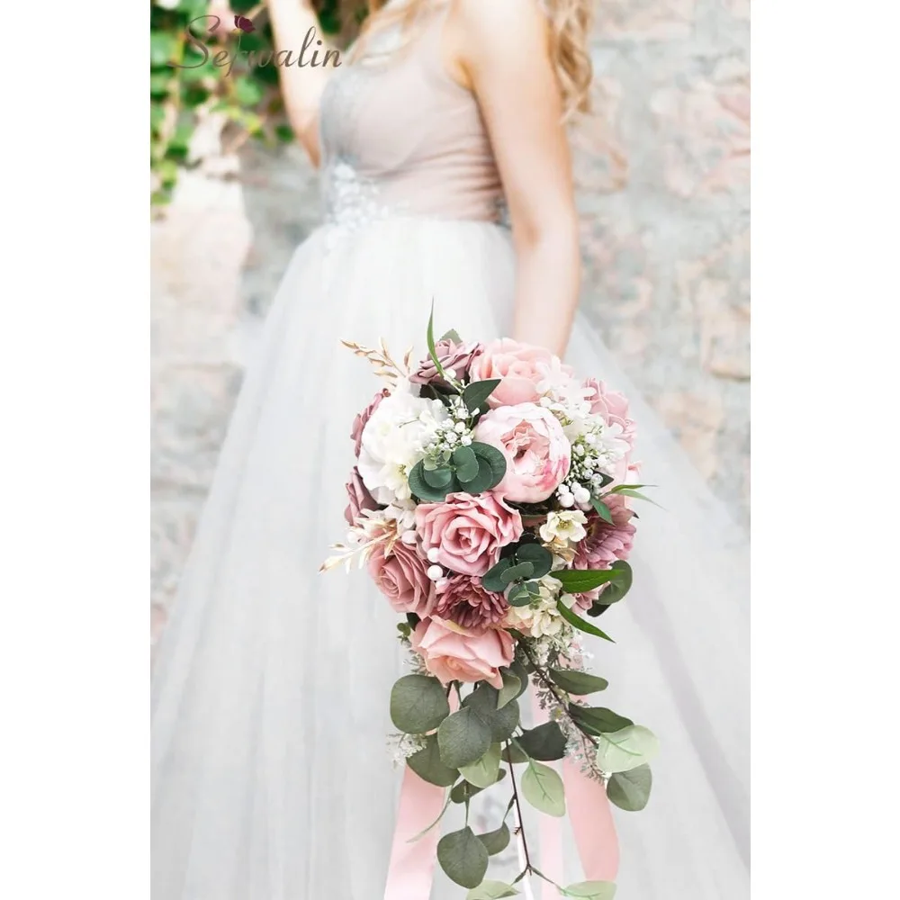 Bouquet da sposa da 9,8 pollici per la damigella d'onore della sposa, bouquet da sposa con peonie rosa polveroso per la sposa, bouquet di fiori nuziali che lancia B