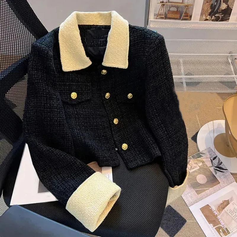 Vintage Black Tweed Jacket Women Cropped Patchwork Quilted Coat Elegant Blazer Winter Ladies Korean Thicken Short Suit Outerwear