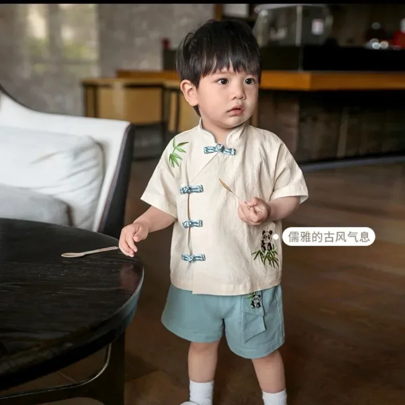 2024 Summer Chinese Style Children's Hanbok Fashion Cotton Linen Blue Handmade Button Panda Embroidery Tang Suit for Boys Gift