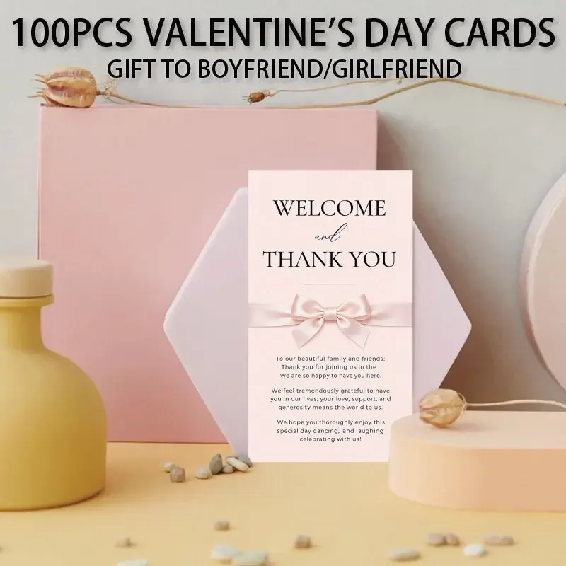 100pcs Elegant Wedding Thank-you Cards, Suitable for Weddings and Anniversaries - Satin Bow Decoration Greeting Cards