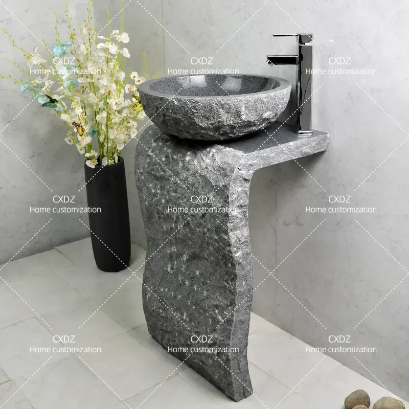 Stone Pillar Integrated Washbasin Floor to Ceiling Outdoor Sink for Courtyard Balcony Villa Garden