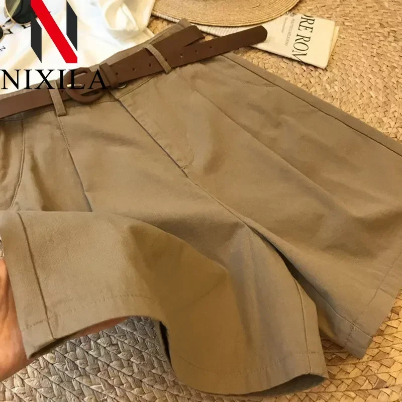 Novedad de verano, pantalones cortos de pierna ancha para mujer, pantalones cortos de corte A de algodón fino 2024, pantalones cortos clásicos holgados informales con cremallera para mujer para oficina