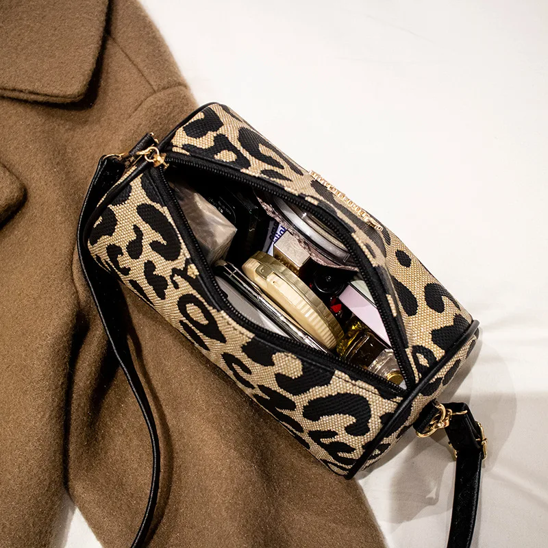 New European and American Retro Leopard Print Cylinder Bag Single Shoulder Crossbody Bag handbag womens bag