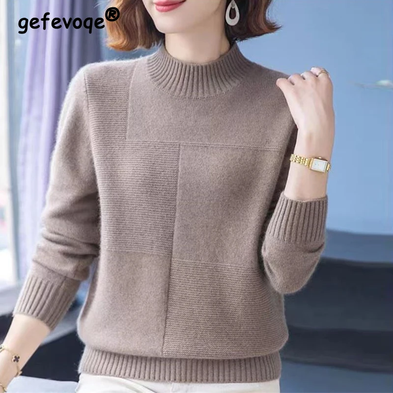 2023 Winter Women Simple Casual Half High Collar Thick Soft Knitted Sweater Female Solid Long Sleeve Loose Pullover Tops Jumpers