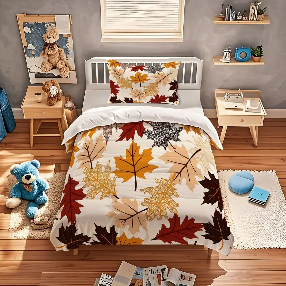 Autumn Maple Leaf Seamless Duvet Cover Set Comforter Cover Bedding Set No Filler HD Digital Print Fall Living Room Bed Cover