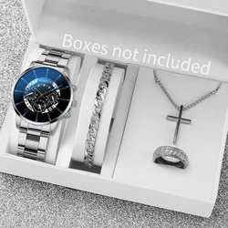 4pcs/set Men's Watch Fashion Silver Steel Band Business Quartz Watches Jewelry Set（Without Box）