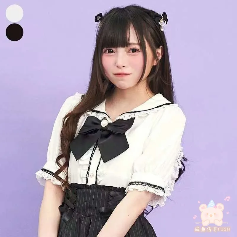 Japanse Mijn Stijl In massa geproduceerde Zoete Veelzijdige Lolita Blouse Schattig Konijn Oor Marine Kraag Boog Korte mouwen Tops Dames Shirts