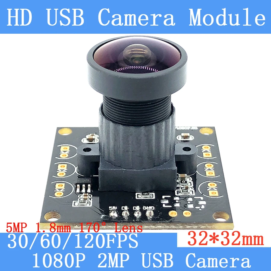 

32*32mm 2MP 170° Wide angle Camera 1920*1080P 30/60/120fps Mini CCTV Linux OTG UVC Webcam USB Camera Module for Android Windows