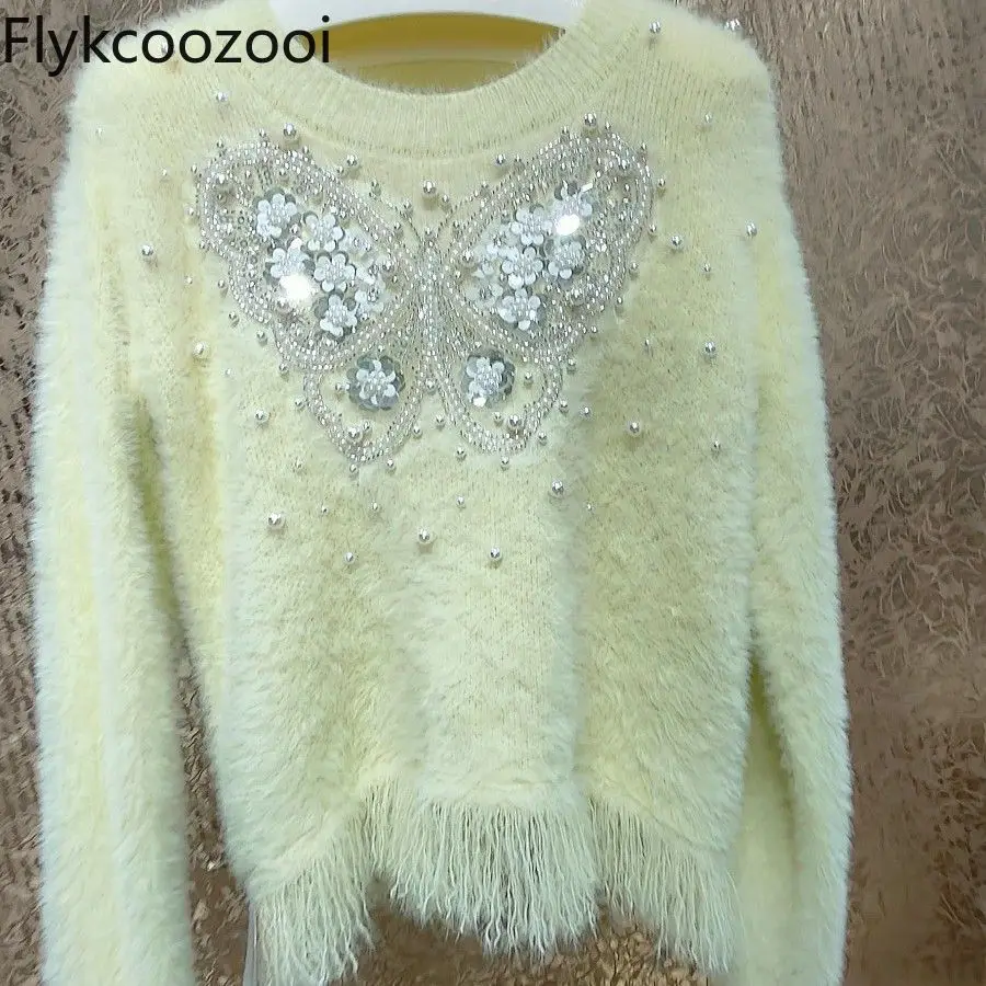 Hand-beaded Pearl Three-dimensional Large Bow Fringe Fluffy Sweater Korean Fashion  LOOSE FIT Свитер Женский Pullover