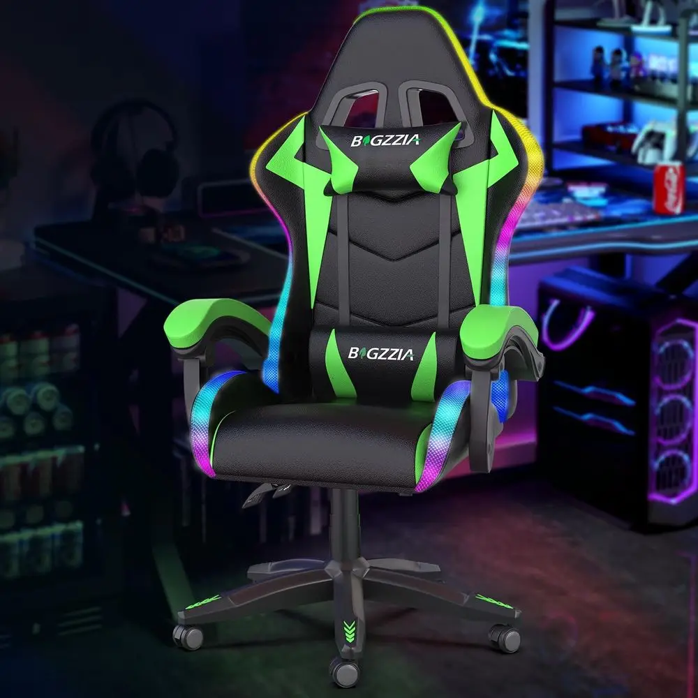 Ergonomic RGB LED Gaming Chair with Lumbar Support, Adjustable Swivel Desk Chair for Adults (Green)