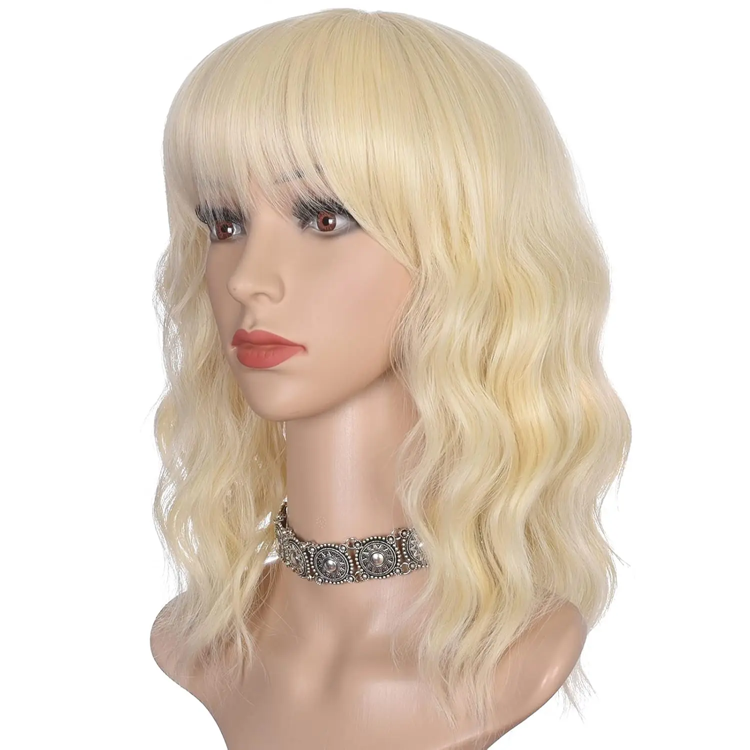 

Short Blonde Wavy Bob Wig with Bangs for Women 16 Inches Natural Synthetic Hair Wavy Wigs
