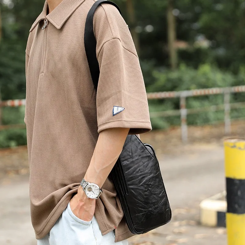 Wmnuo Vertical Chest Bag Casual Black Soft Fold Shoulder Messenger Crossbody Bags Men Real Cowhide Male Sling Waist Bags Hot