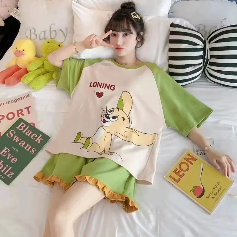 2Pcs Summer Pajamas For Girls Short-Sleeved Shorts New Cute Cartoon Ladies Student Shorts Homewear Suit Pajama Set Underwear Set