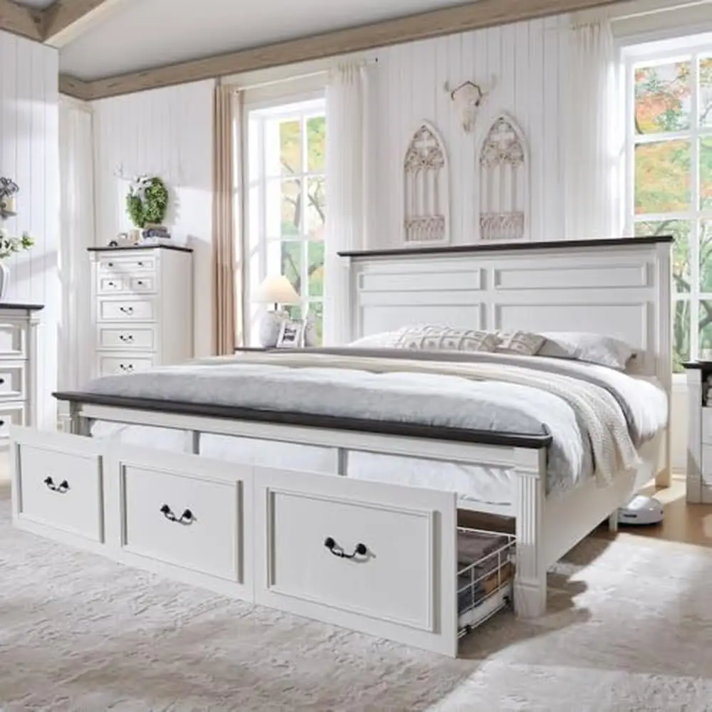 Rustic Wood Platform Bed Frame with Roman Column Headboard Storage Drawers & No Box Spring Needed