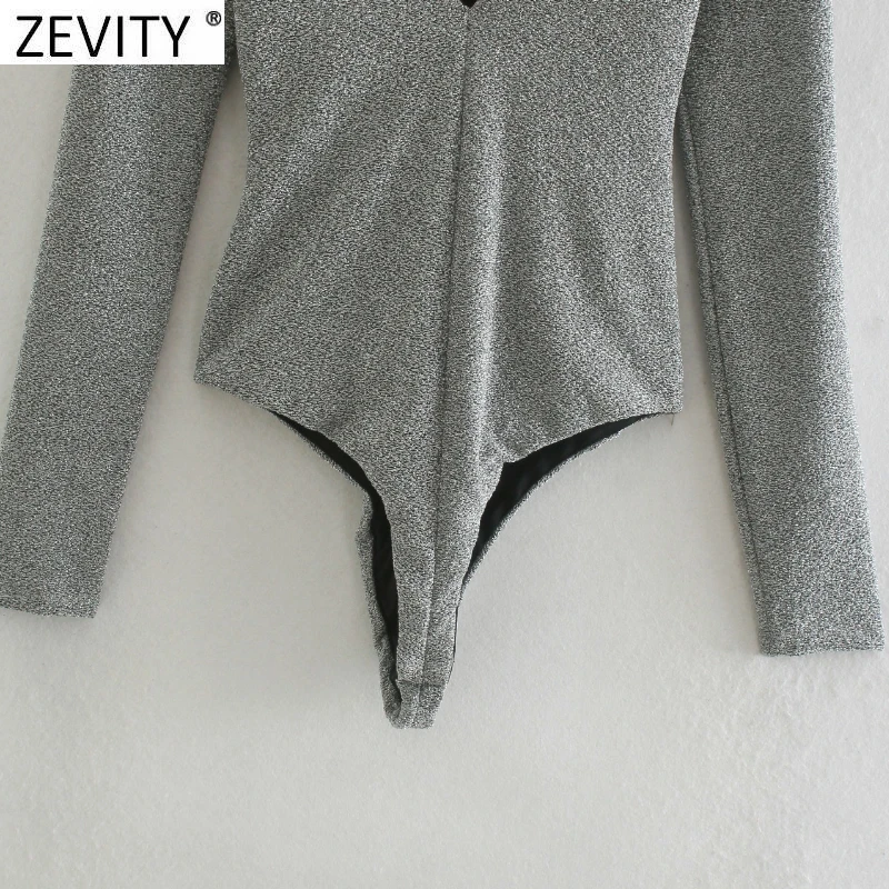 Zevity Women Sexy V Neck Metal Color Slim Bodysuits Lady Chic Shoulder Padded Back Zipper Club Party Playsuits Rompers LS9930