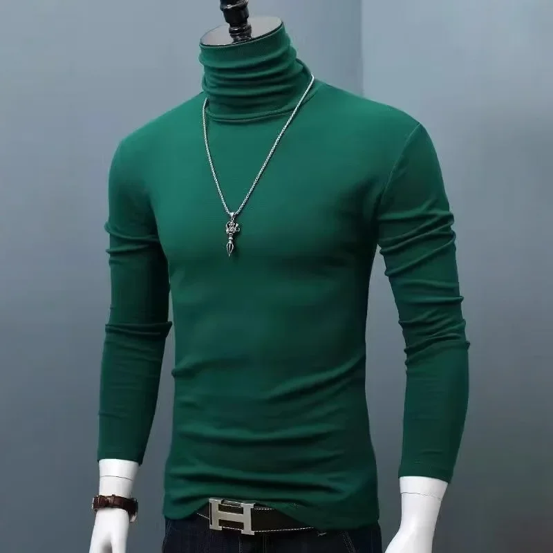 سليم صالح عالية الياقة طويلة الأكمام الرجال قاعدة قميص ملابس داخلية بسيطة لون نقي حجم كبير الدافئة الخريف تي شيرت شتوي النخالة العصرية