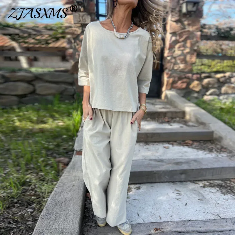 빈티지 솔리드 코튼 린넨 여성 의류 우아한 O넥 탑 풀오버 & 롱 팬츠 슈트 가을 반팔 투피스 세트 의상