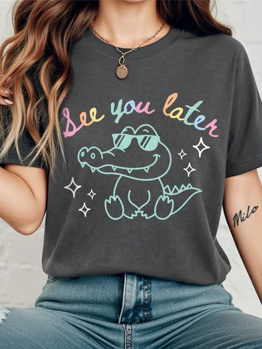 

Plus - Size Women's Dark Gray T - Shirt with Cartoon Crocodile & "See You Later" Print