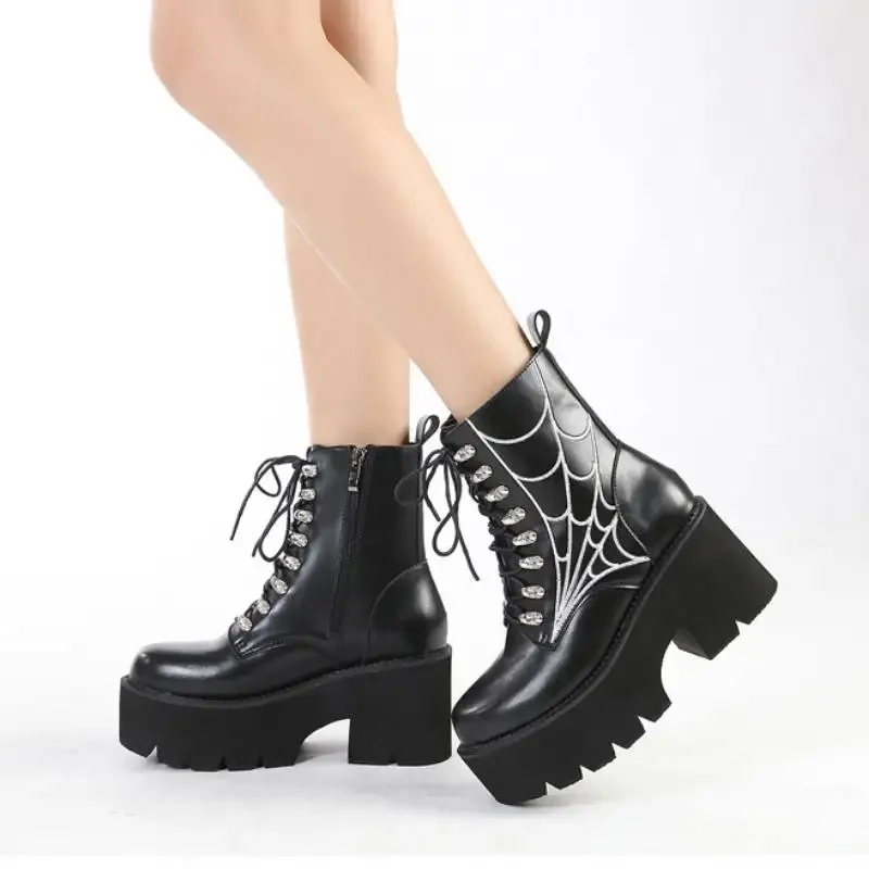 Platform Black Round Toe Women's Riding Boots with Cobwebs Embroidered High Top Women's Shoes Pu Leather Women Ankle Boots