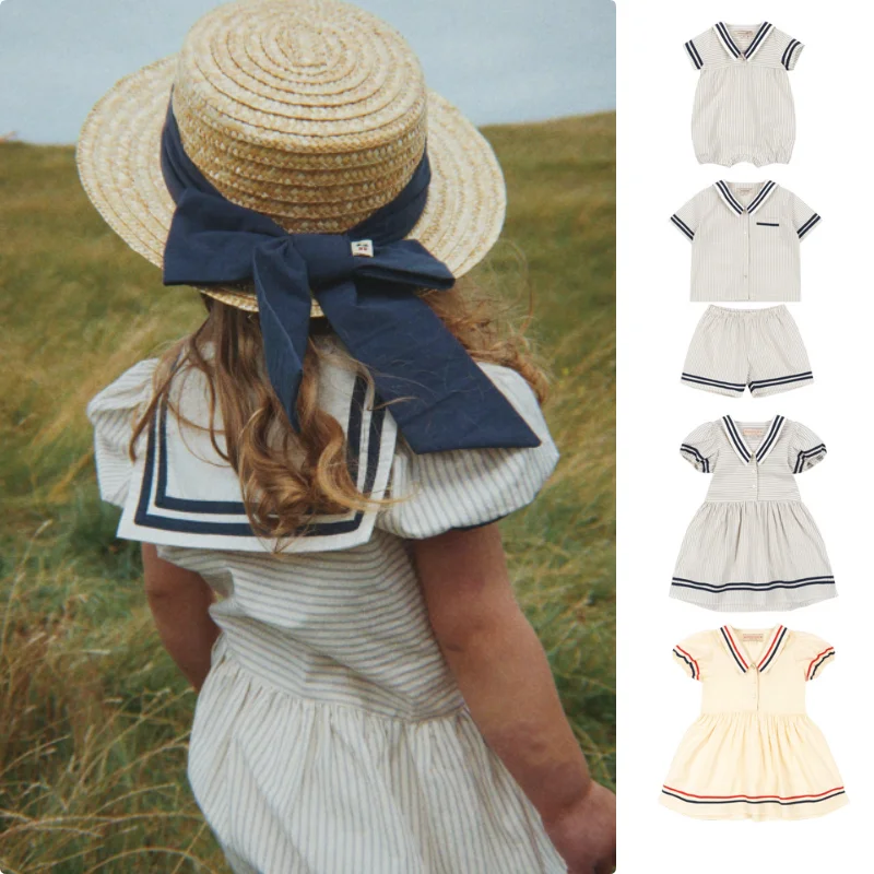 

Girls' Dress 2026 Summer New White College Style Children's Dress Cotton Striped Boys' and Girls' Shirts Shorts Set Baby Crawler