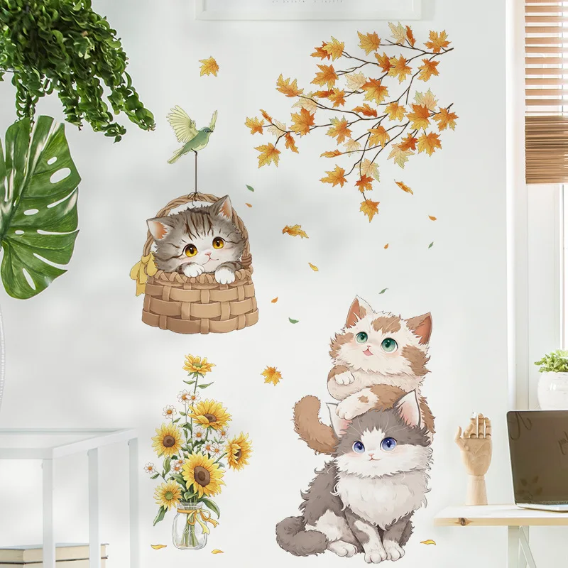 Cute Cat Vinyl Child Wall Stickers For Baby Girl Room Decoration Bedroom Accessories Adhesive Wallpaper Wall Decor Room Decor