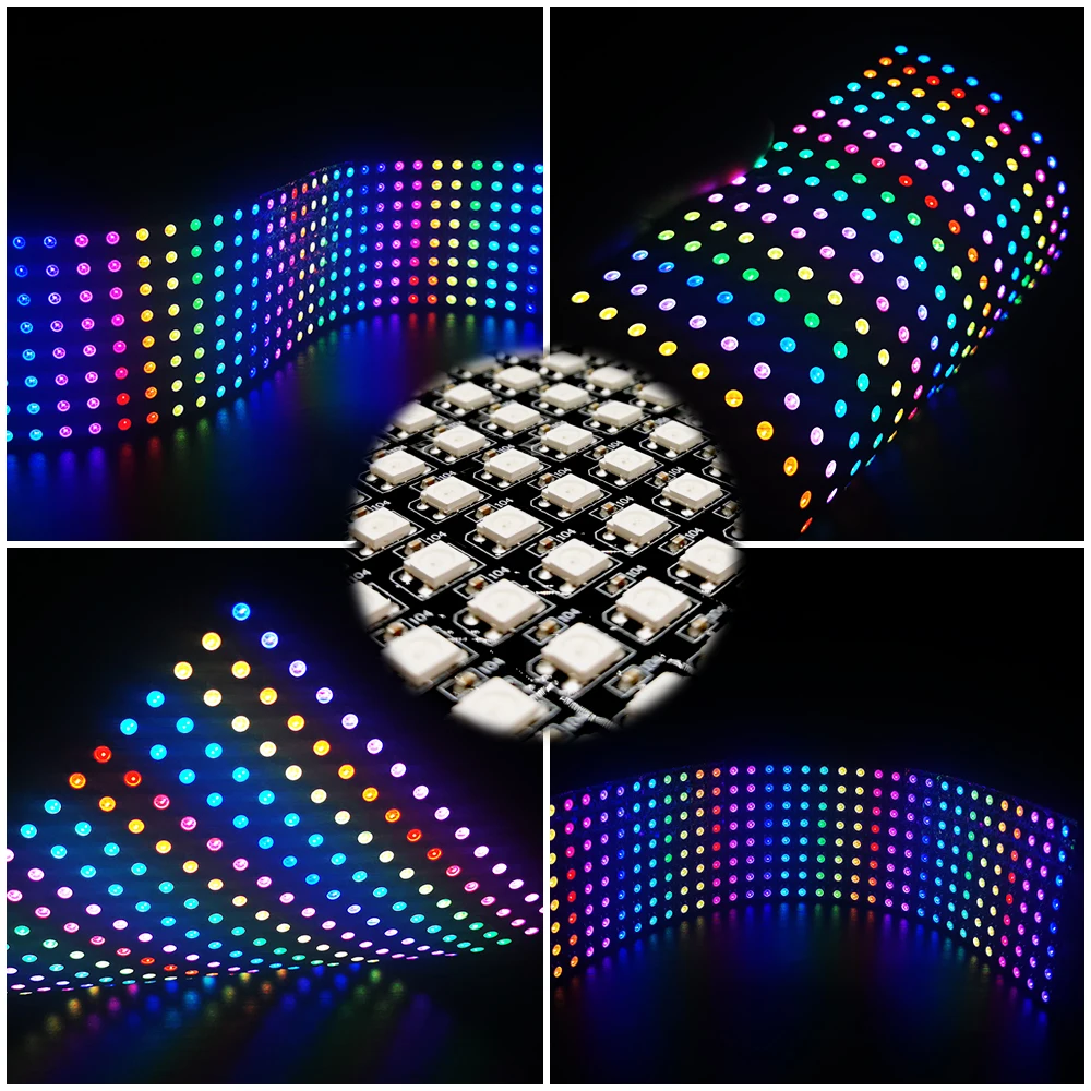 Módulo de Painéis LED RGB Flexível Digital, Pixel Endereçável Individualmente, Matrix Screen, DC5V, WS2812B, 8x8, 16x16, 8x32