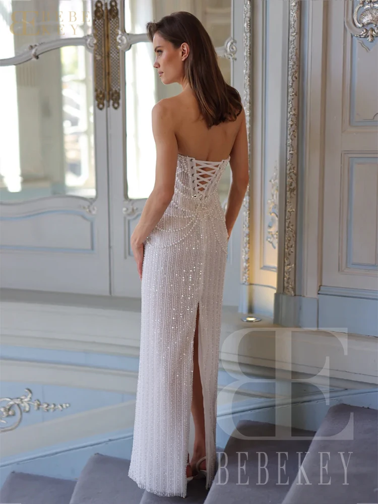 BEBEKEY فستان زفاف بعمود مطرز بالترتر اللامع فستان رسمي لحفلات الزفاف الفاخرة فستان زفاف مخصص