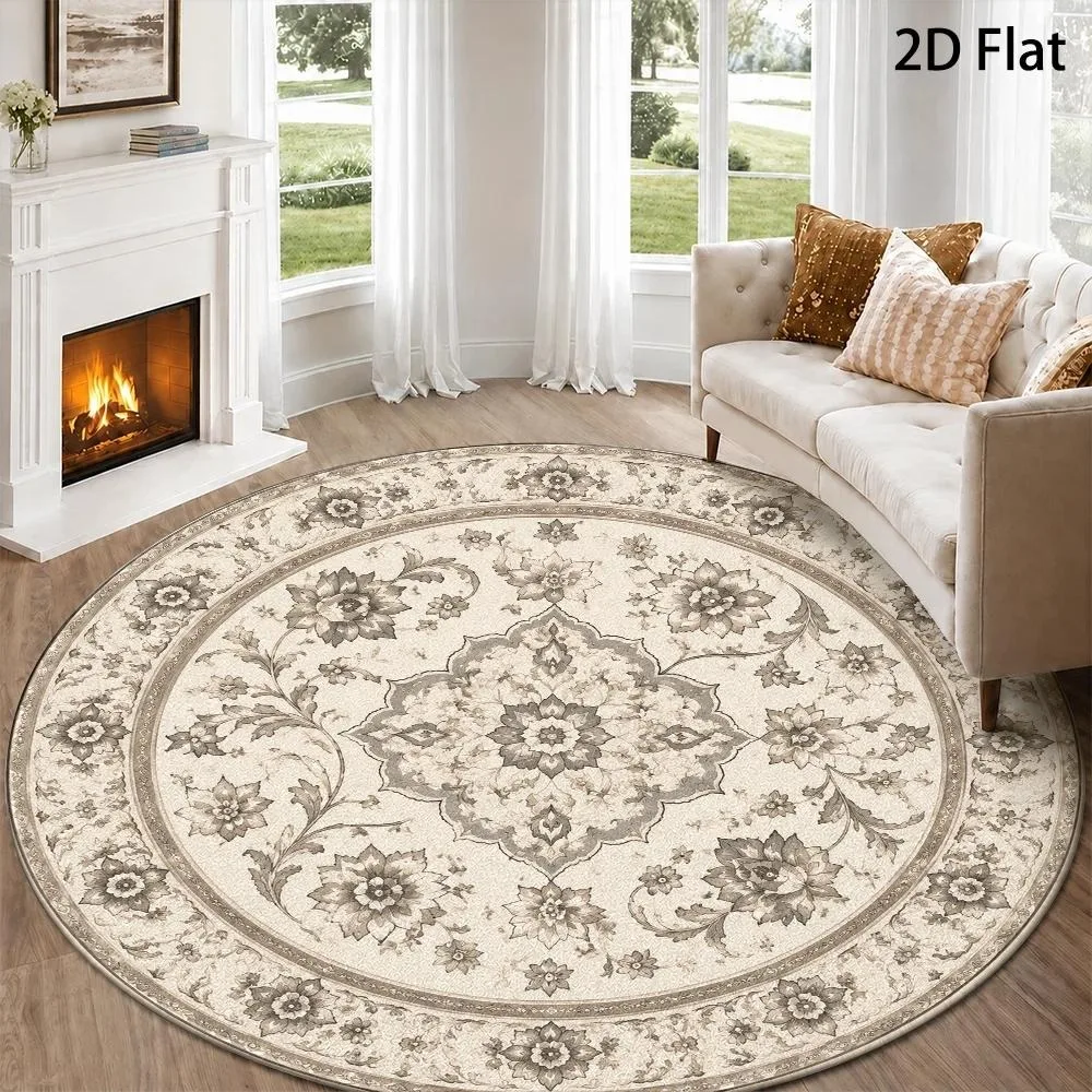 Vintage Beige Grey Medallion Round Rug,Distressed Oriental Persian Floral Ornate Border Printed Circular Floor Mat,Living Room