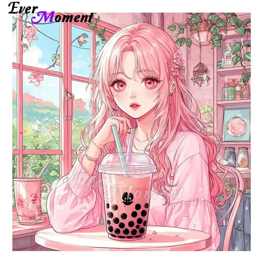 

Ever Moment Anime Diamond Art Painting Kit Full Resin Drill Girl Drinking Milk Tea Mosaic Set Velvet Canvas Wavy Border ASF3049