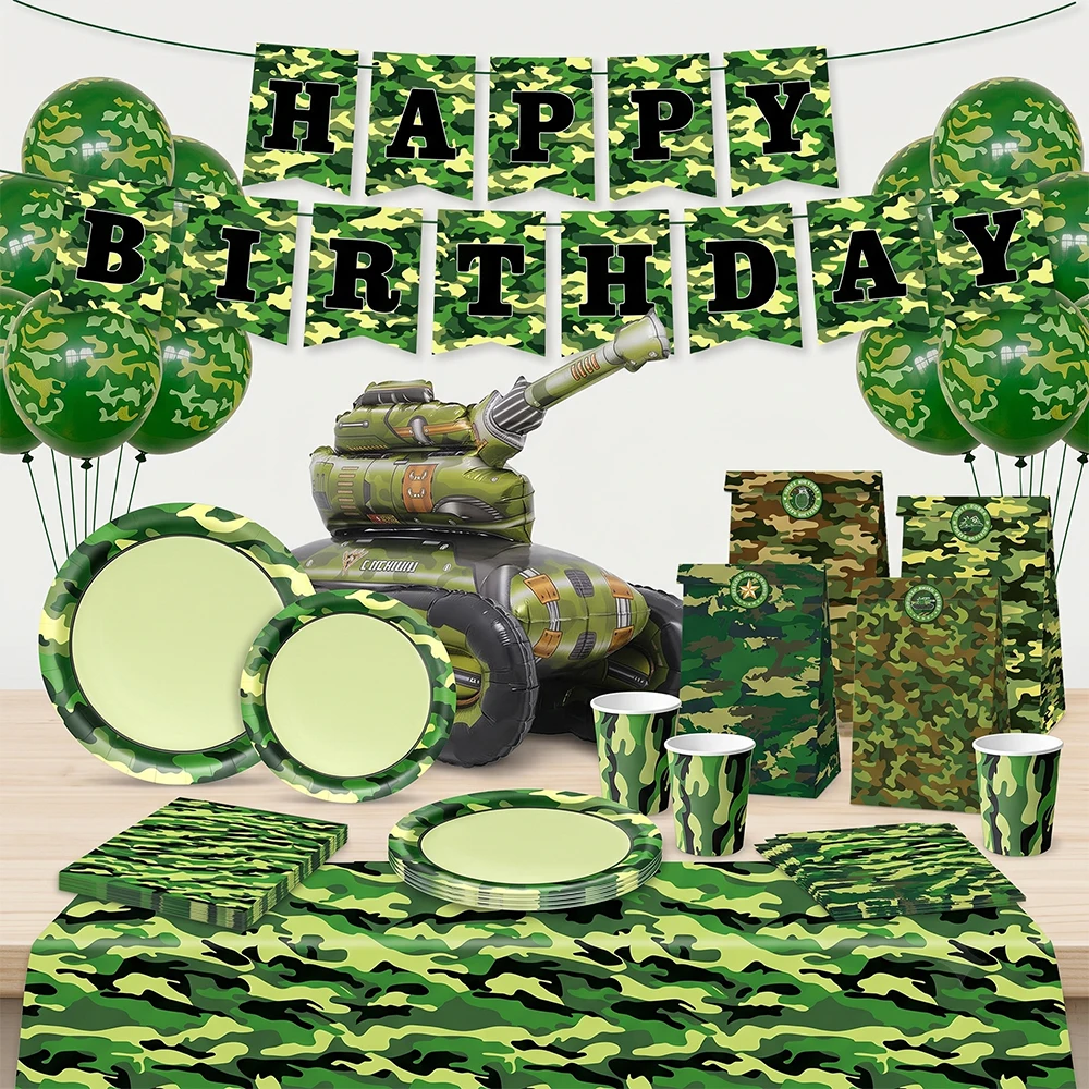 Armee-Party-Dekoration Tarnmuster Teller Becher Servietten Banner Luftballons Militär-Thema Geburtstagsparty-Dekorationszubehör
