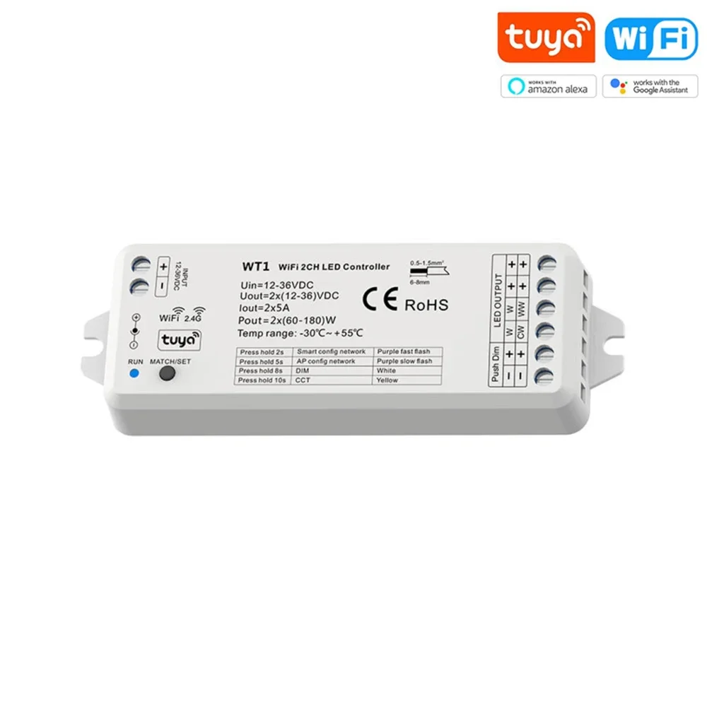 2CH Tuya Wifi LED Dimmer 12V 24V 36V DC 2.4G RF Wireless Remote Dimming Switch 2CH*5A WW CW CCT Controller WT1 Dimmer for Alexa