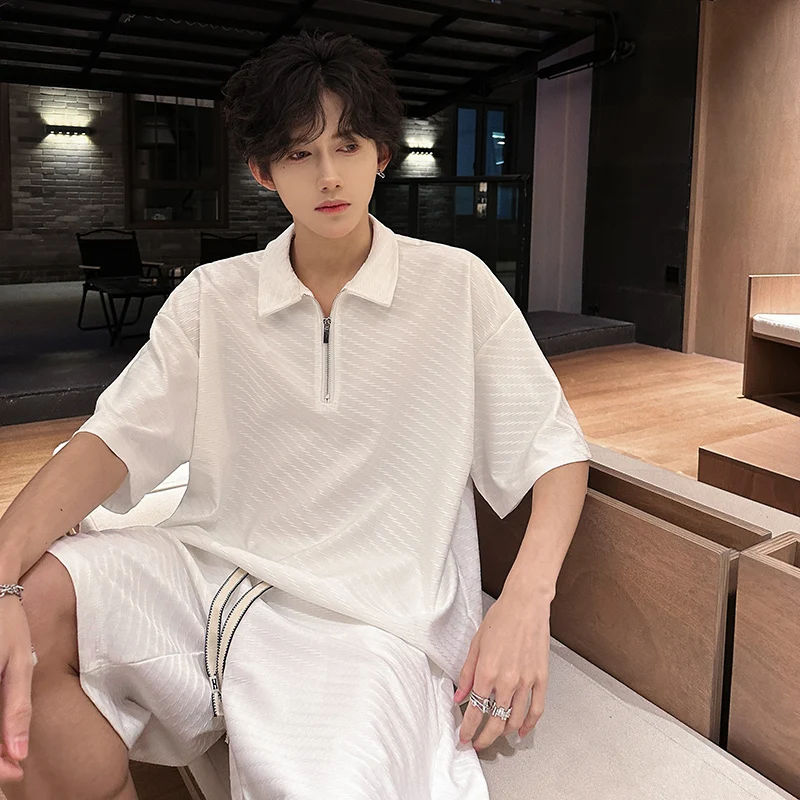 

Men's Textured Half-Zip Short Sleeve Polo Shirt Elastic Waist Drawstring Shorts Set Casual Oversized Lounge & Streetwear Outfit