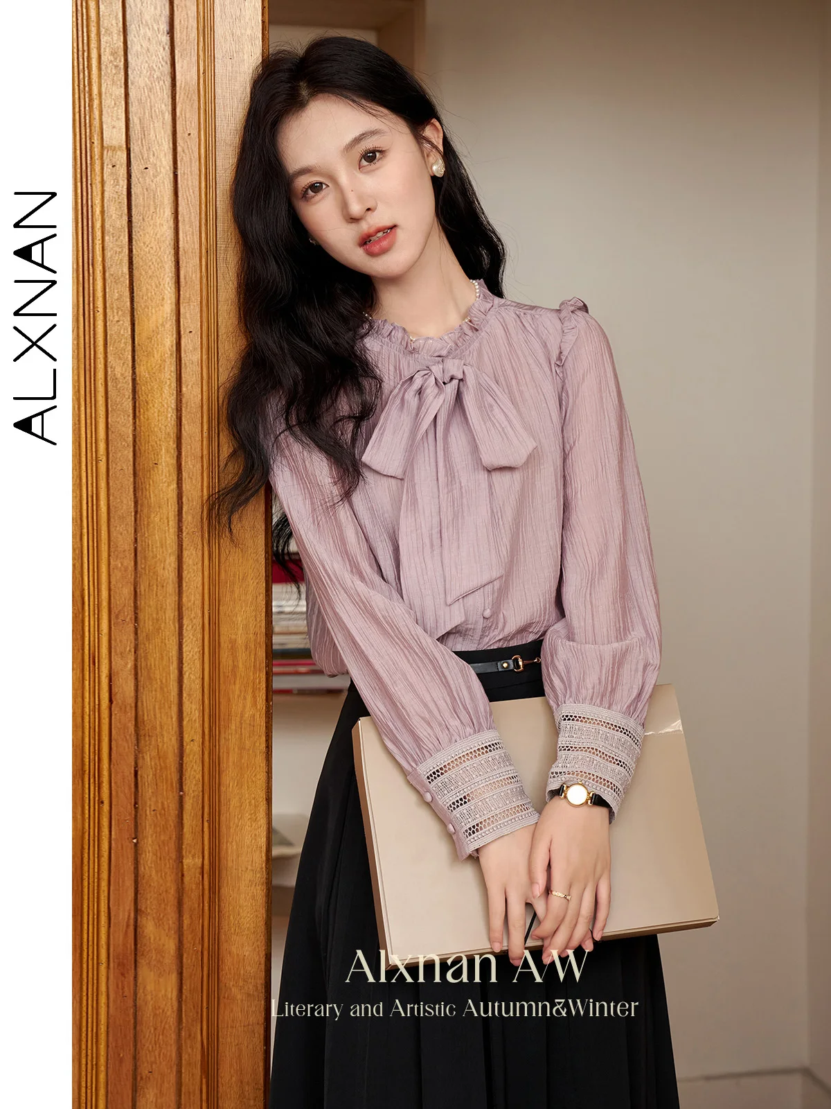 ALXNAN Women's Sweet Loose Shirts Bow Lace-up Petal Collar Hollow Patchwork Cuff 2024 Fall Winter Tops Sold Separately L39822CS