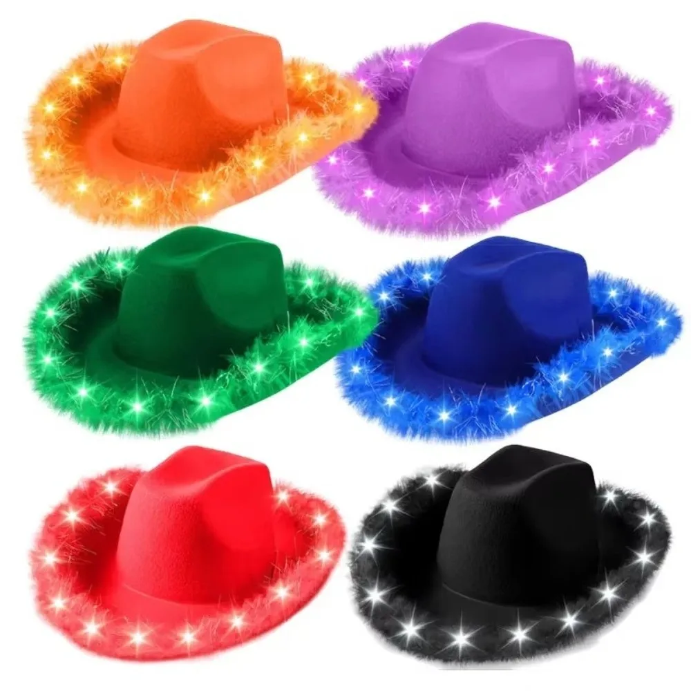 Furry Trim Light Up Western Cowboy Hat Ethnic Style Solid Color Costume Hat Wide Brim Cowgirl Hat Bachelorette Party view 2