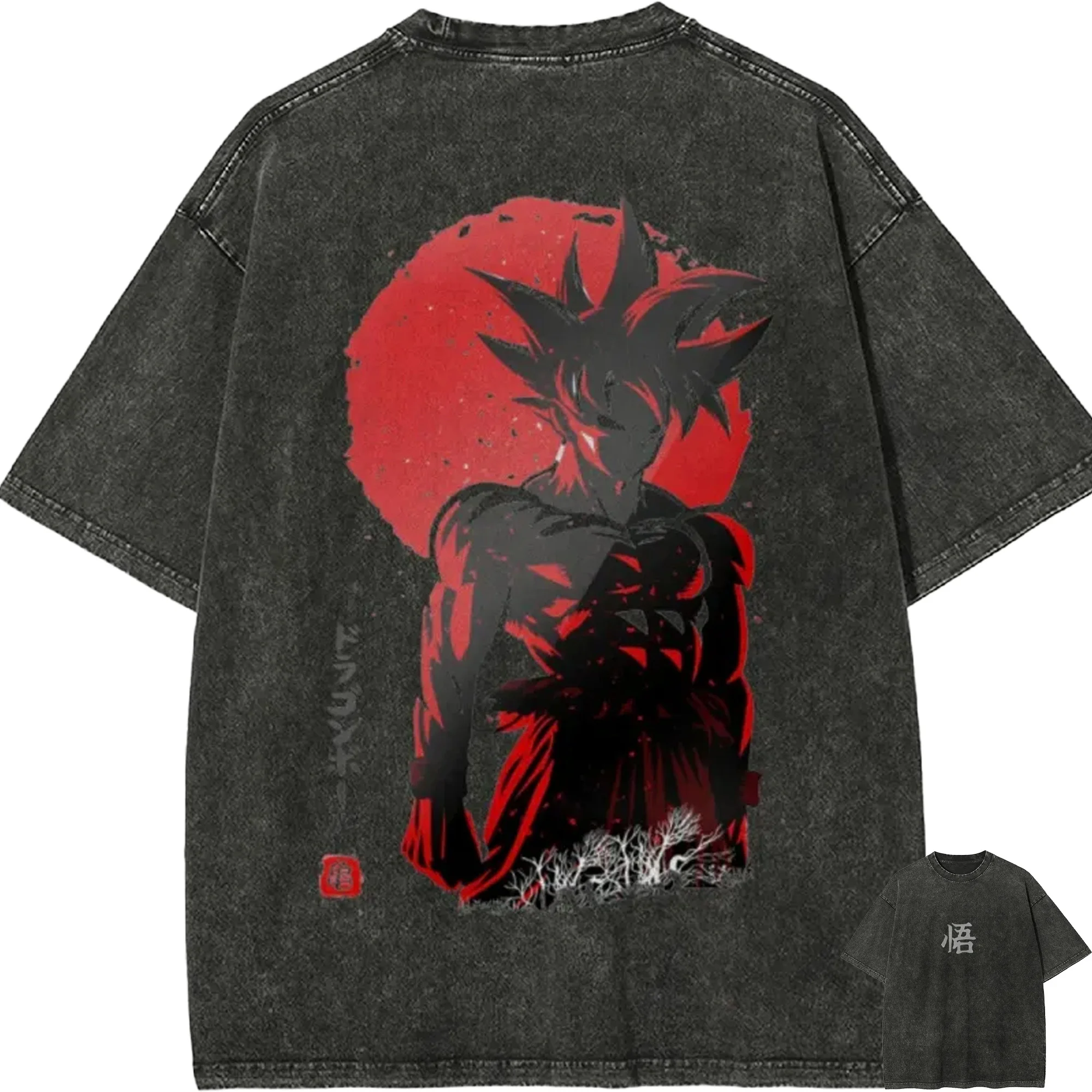 

Футболка Goku Red Sun Dragon Ball Z, мужская, винтажная, с эффектом кислотной стирки, оверсайз, хлопковая, уличная одежда, с японскими иероглифами, 2026