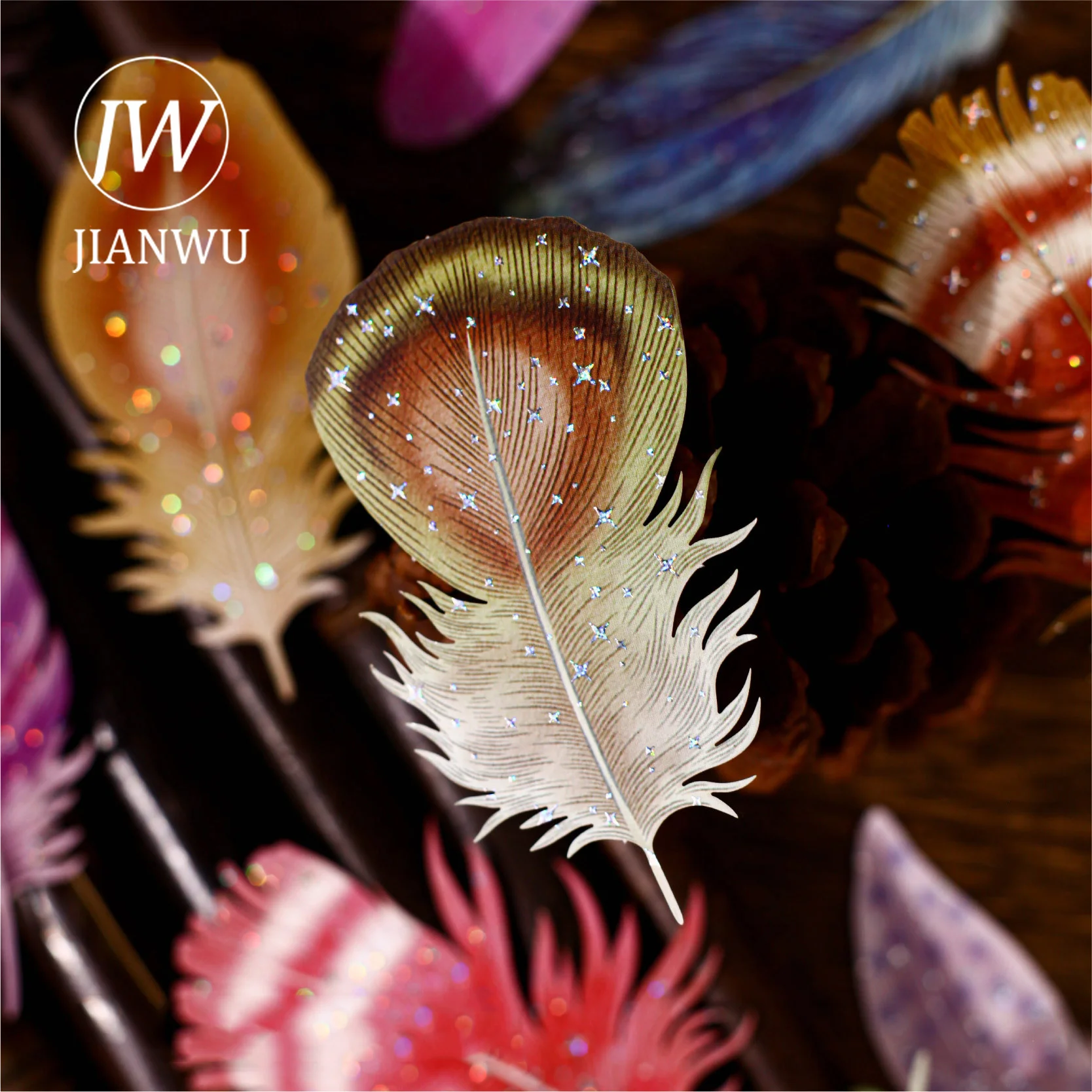 JIANWU Feather Series Vintage Colorful Feather Landscape Material Collage Scrapbooking Sticker Creative DIY Journal Stationery