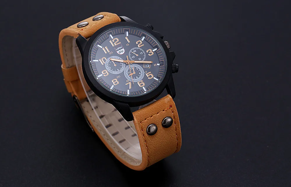 Men’s Casual Versatile Brown Series No Waterproof Alloy Leather Belt Digital watch Fashion Three Eyes Dial With Calender Reloj