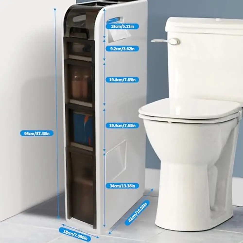 Narrow Bathroom Storage Cabinet with Trash Can & Movable Paper Drawer Multi-functional Storage Solution Easy to Clean & Durable