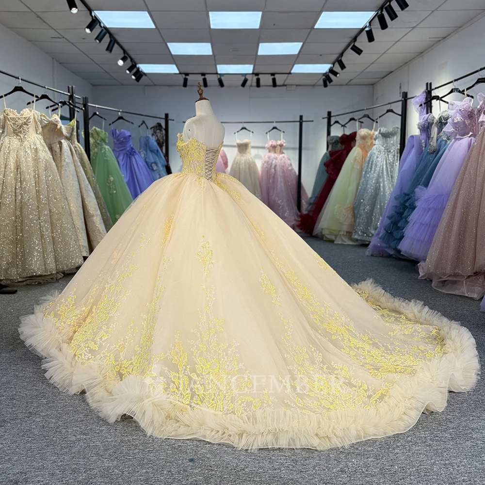 Vestido De quinceañera amarillo personalizado, Vestido De baile sin tirantes De encaje sin mangas con cuentas superfinas, dulce 16 Vestido De 15 Anos DY1334