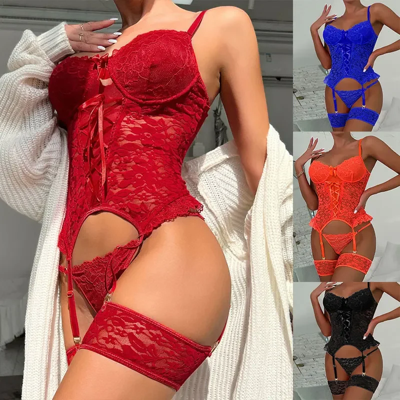 

erotic lingerie set women intimates sexy sheer lace bra+ garter belt+thong sexy underwear bodysuits