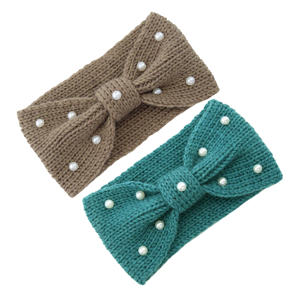 

2 шт., теплая вязаная повязка на голову с жемчужным бантом для женщин, толстая осенне-зимняя теплая повязка на голову, стильная повязка для волос, эластичный шарф-тюрбан