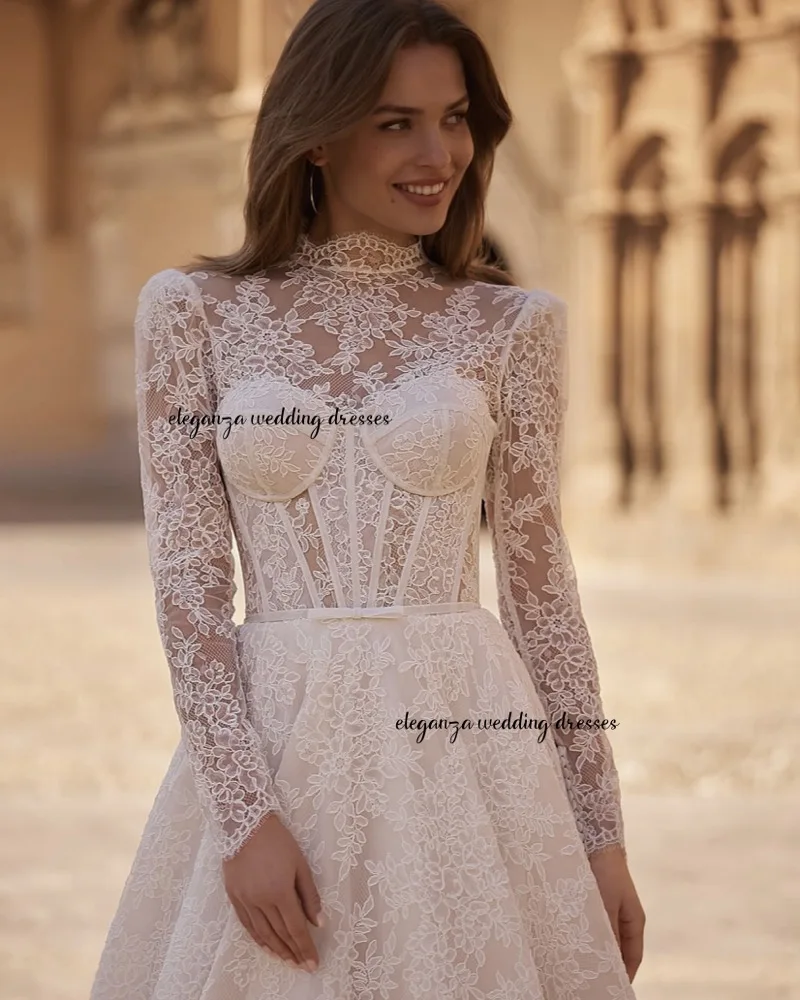 Customized Luxury Wedding dress, high-neck long-sleeved lace A-line dress, Women's wedding dress. amanda novias 2025