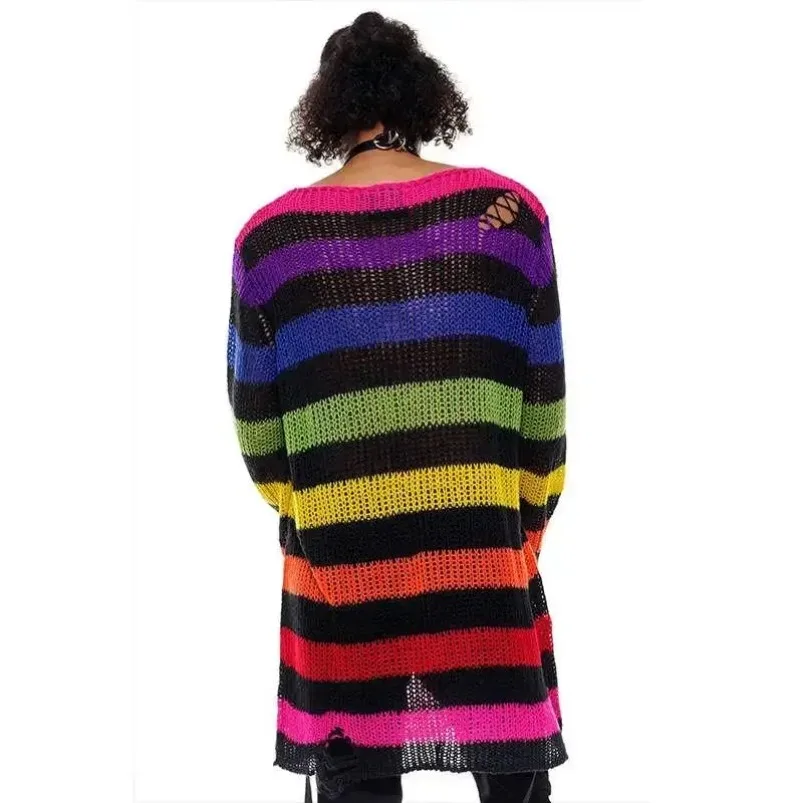 Punk Gothic Long Unisex Sweater 2024 Women Striped Cool Hollow Out Hole Broken Jumper Loose Rock Thin Dark Streetwear New Top