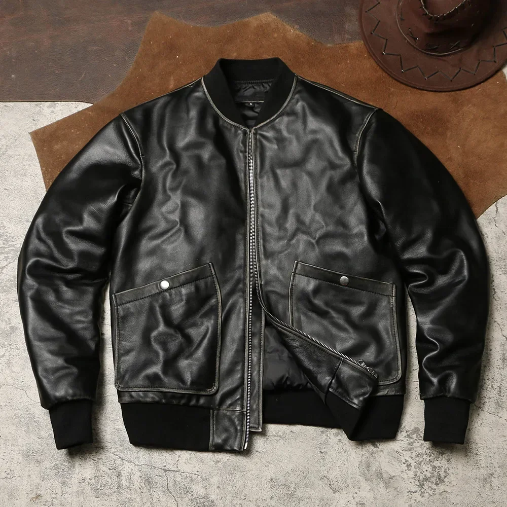 Tailor Brando Washed and Aged Sheepskin A1 Pilot Jacket Men's Short Duck Down Warm Genuine Leather Light Down Jacket