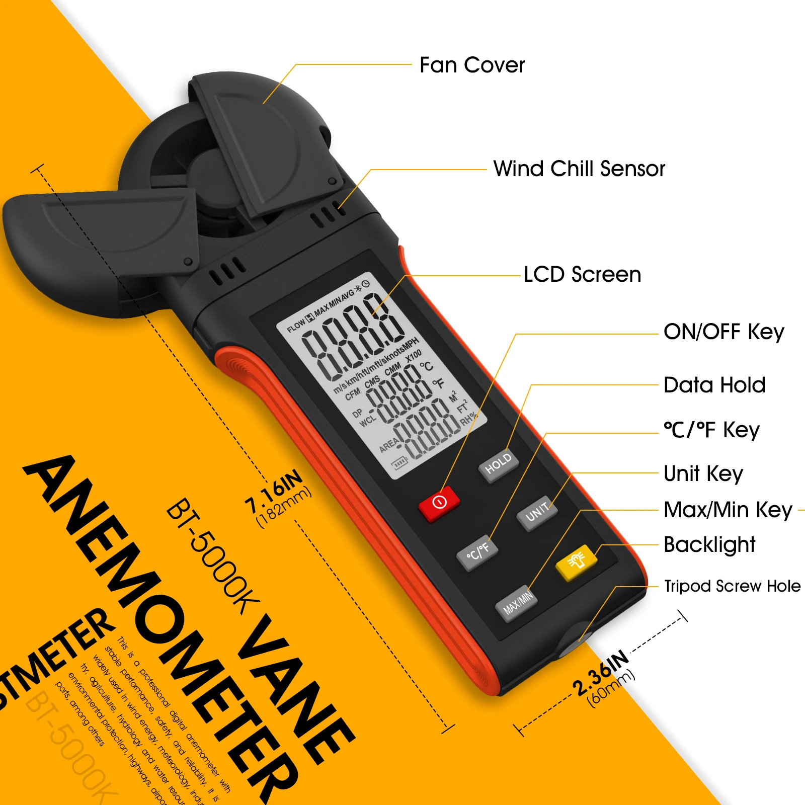 Imagem -06 - Anemômetro Externo Digital Bt5000k Medidor de Velocidade do Vento 67 Mph Alta Velocidade Luz de Fundo Retenção de Dados