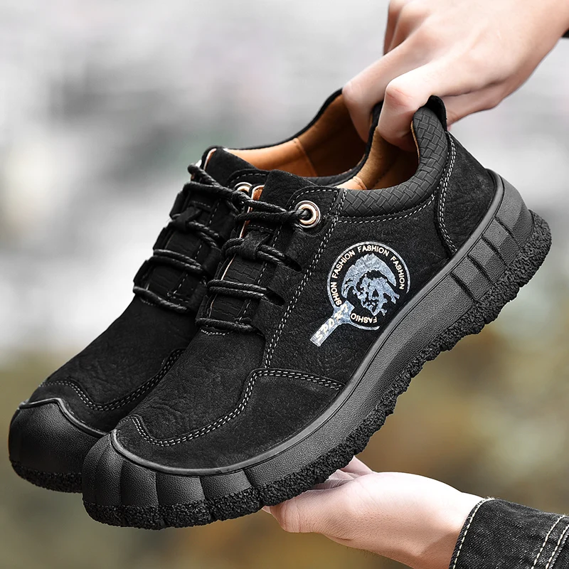 

Мужские туфли из натуральной кожи первого слоя, осенние кожаные туфли, мужские повседневные уличные туфли из натуральной кожи, водонепроницаемые и нескользящие спортивные туфли