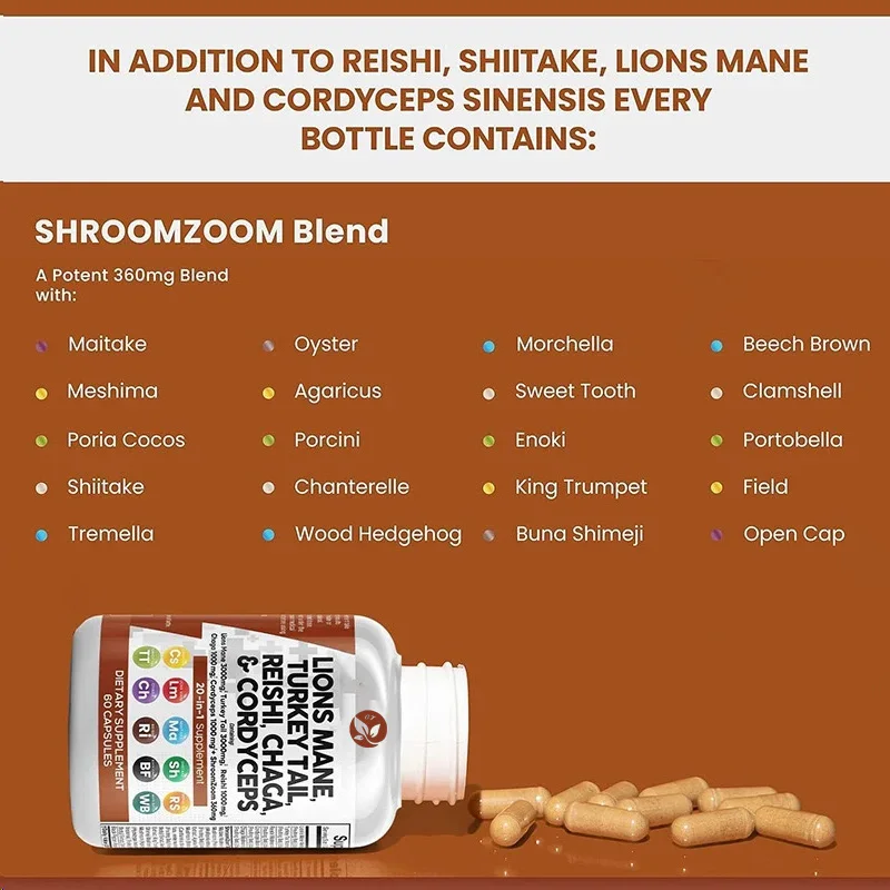 Mushroom Supplement -60 Capsules -20 Organic Mushrooms - Lion Mane, Cordyceps, Turkey Tail, Etc