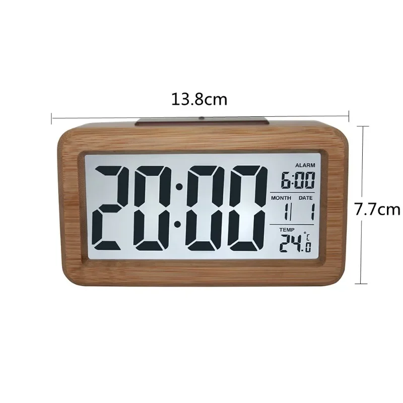 Solid Wood Small Alarm Clock Rectangular Bedside Clock Student Wake-up Electronic Watch Luminous Date Temperature Display