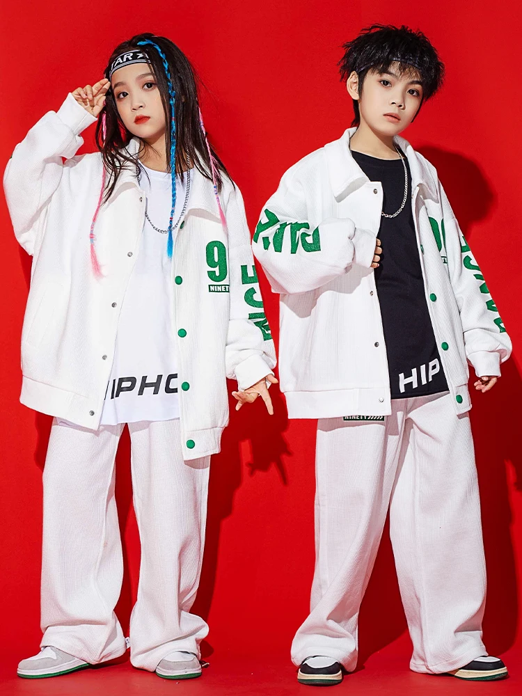 Teenagers Hip Hop Clothes Street Dance Outfit Boys White Tracksuit Loose Long Sleeves Performance Suit Girls Jazz Costume BL9588